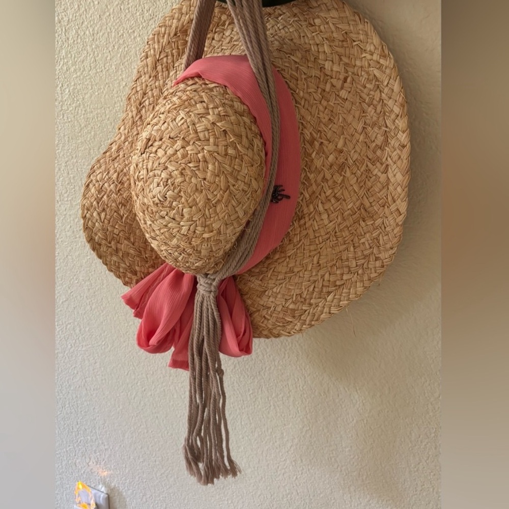 Straw Sun Hat with Pink Scarf Accent